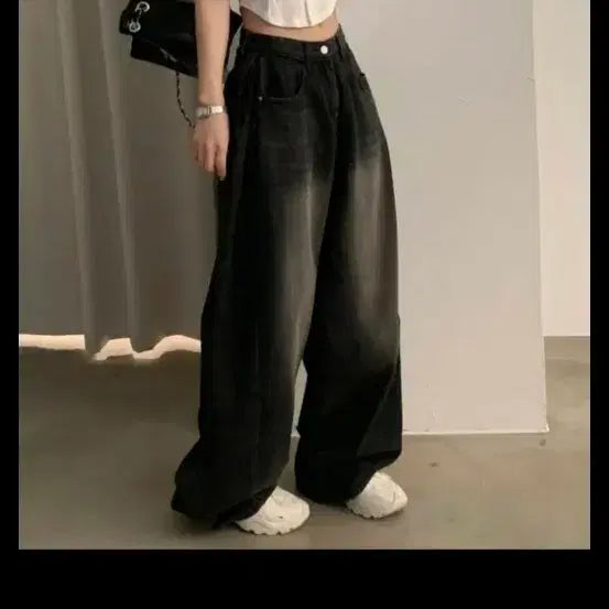 [BUNJANG] Sugar Powder Black Wide Pants / 에이블리 슈가파우더 흑청 와이드 팬츠
