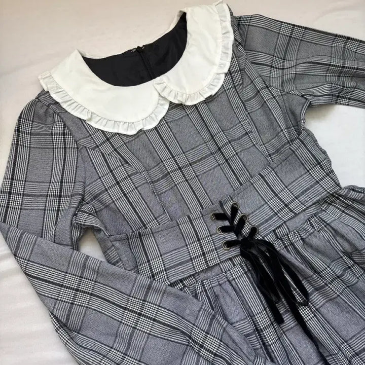 [BUNJANG] Ank Rouge Check Pattern Lace Collar Dress / 일브) 앙크루즈 체크 패턴 그레이 레이스 카라 원피스