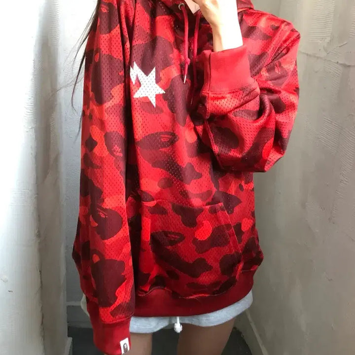 [BUNJANG] Bape Red Camo Mesh Hoodie / Bape 베이프 레드 카모 메쉬 후드티