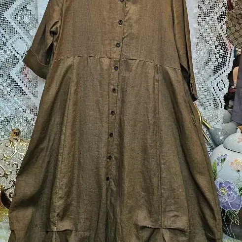 [BUNJANG] 100% Linen Shirt Long Dress / 브라운 린넨마100프로 셔츠형 롱 원피스