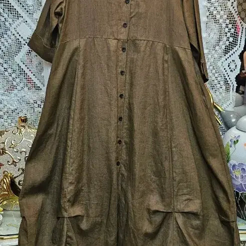 [BUNJANG] 100% Linen Shirt Long Dress / 브라운 린넨마100프로 셔츠형 롱 원피스