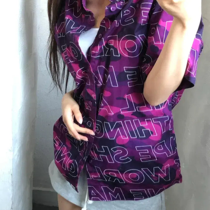 [BUNJANG] Bape Text Camo Purple Pique Short Sleeve Shirt / Bape 베이프 텍스트 카모 퍼플 피케 반팔 셔츠
