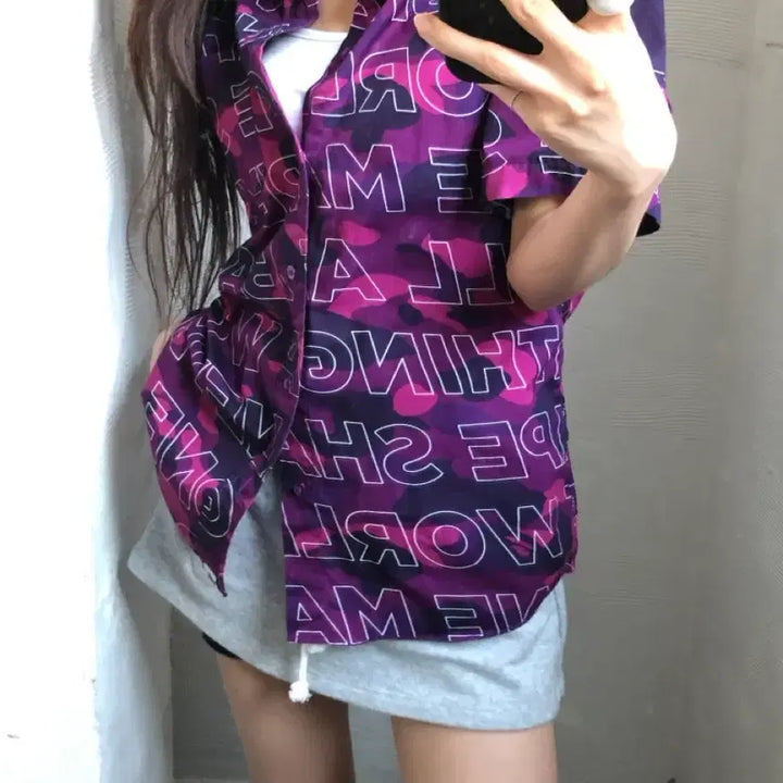 [BUNJANG] Bape Text Camo Purple Pique Short Sleeve Shirt / Bape 베이프 텍스트 카모 퍼플 피케 반팔 셔츠