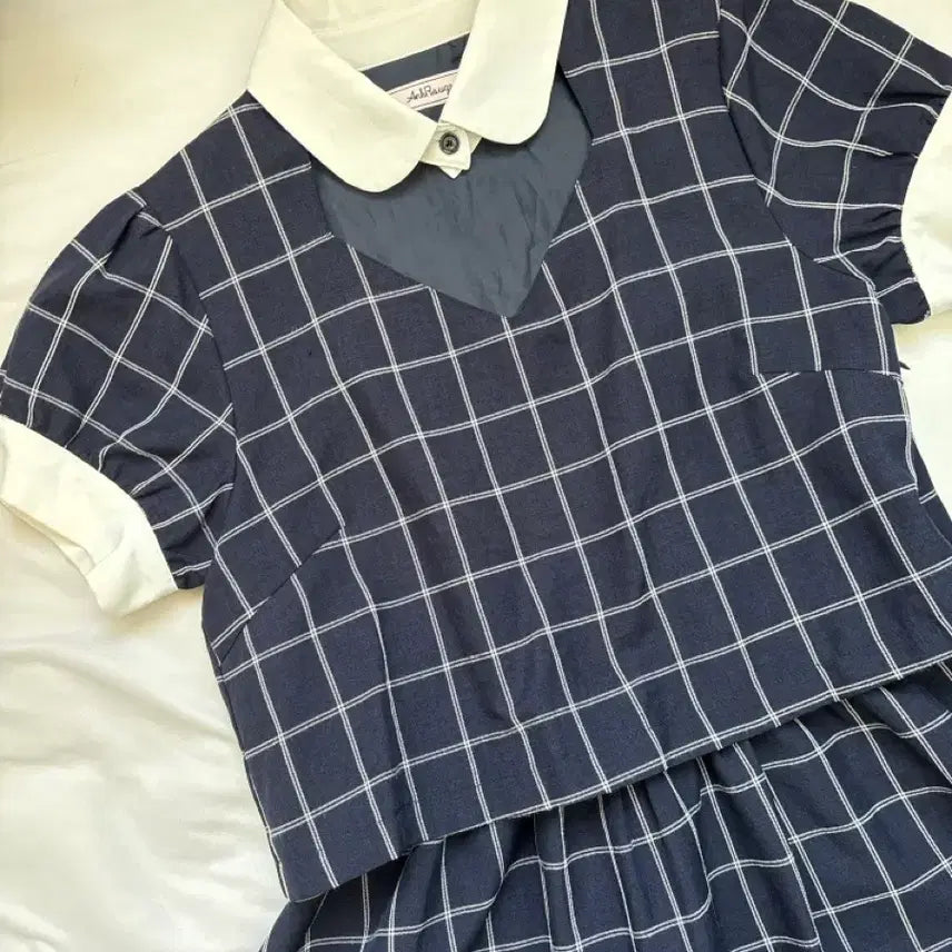 [BUNJANG] Ank Rouge Navy Check Puff Sleeve Mini Dress / 일브) 앙크루즈 체크 패턴 네이비 퍼프 반팔 원피스