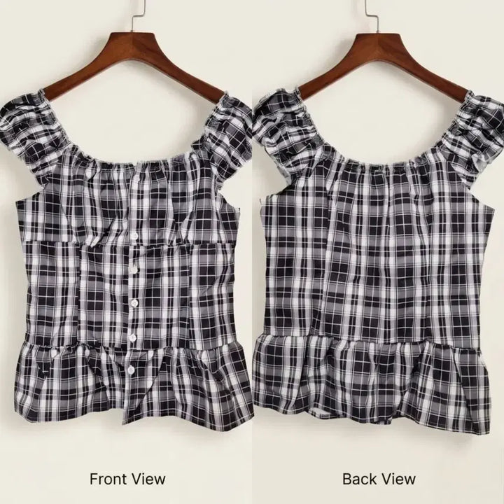[BUNJANG] Unique Check Peplum Blouse (S-M) / 신상 유니크 체크 페플럼 블라우스 (S~M)