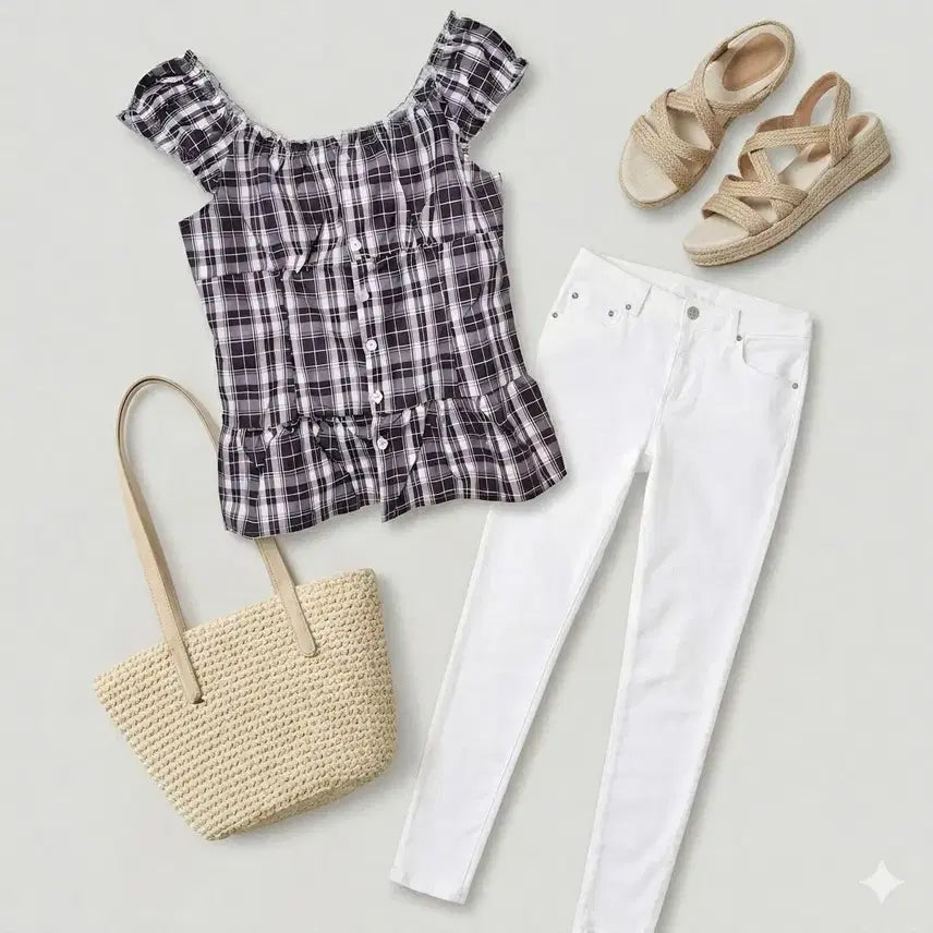 [BUNJANG] Unique Check Peplum Blouse (S-M) / 신상 유니크 체크 페플럼 블라우스 (S~M)