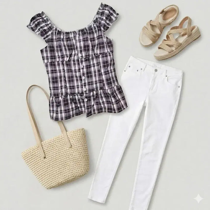 [BUNJANG] Unique Check Peplum Blouse (S-M) / 신상 유니크 체크 페플럼 블라우스 (S~M)