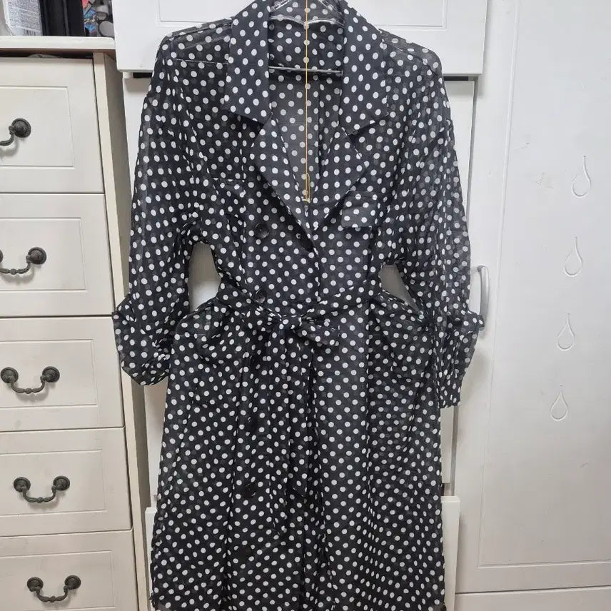 [BUNJANG] Black Dot Long Dress Coat / 블랙 도트 롱 원피스 코트형
