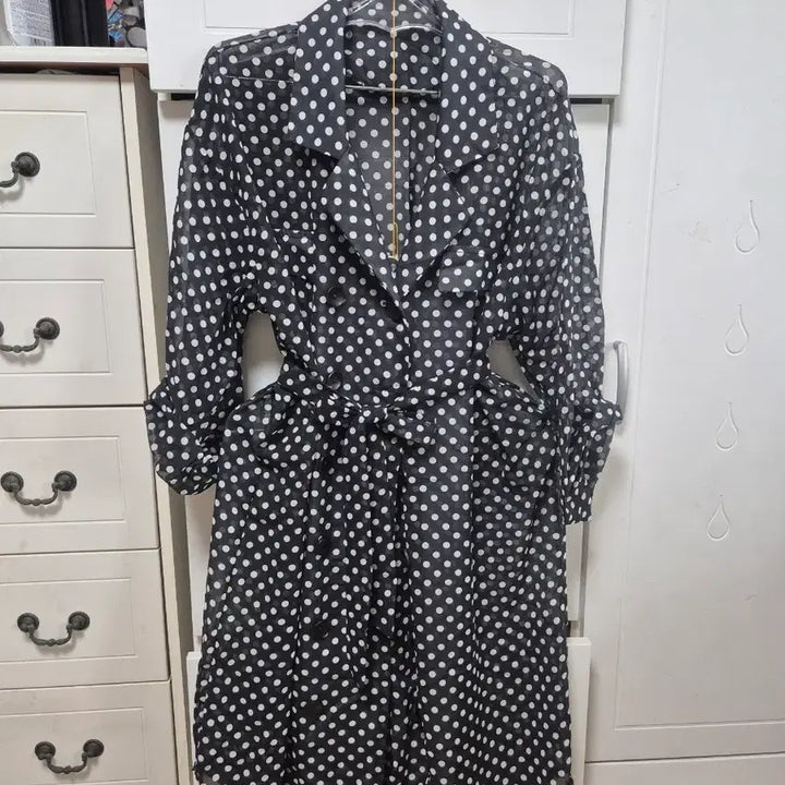 [BUNJANG] Black Dot Long Dress Coat / 블랙 도트 롱 원피스 코트형