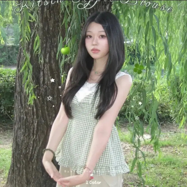 [BUNJANG] Green Plaid Sleeveless Blouse / 체크 나시 블라우스