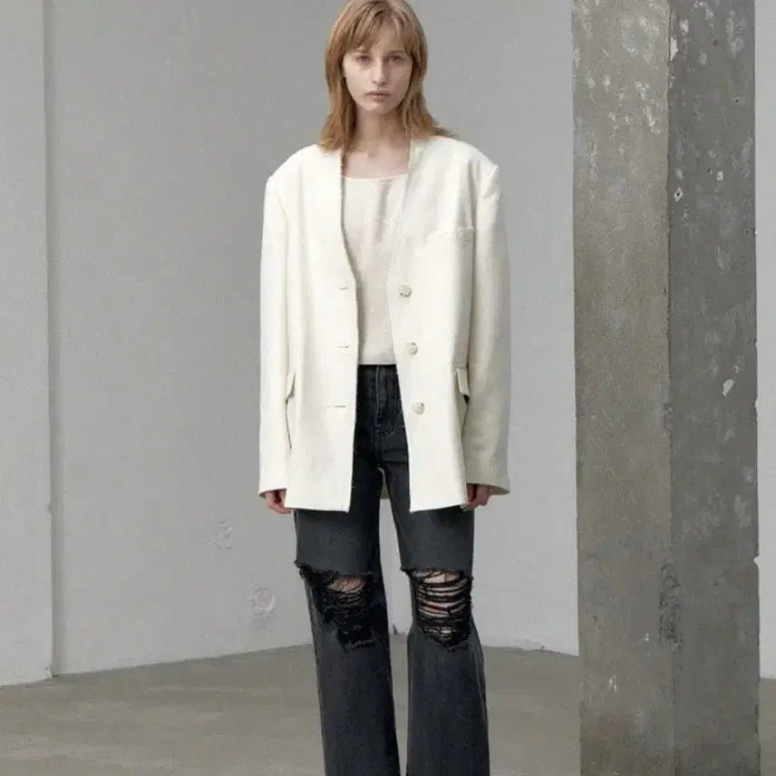 [BUNJANG] Wool Raw Edge Collarless Blazer (Ivory) / 울 로우 엣지 칼라리스 블레이저(아이보리)