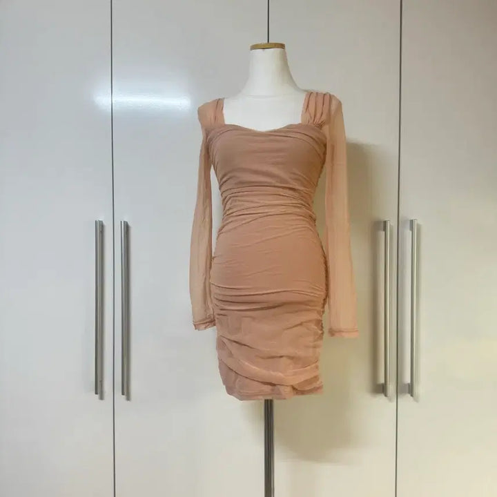 [BUNJANG] Sheer Shirring Mesh Mini Dress Beige / 시스루 셔링 망사 미니 원피스 베이지