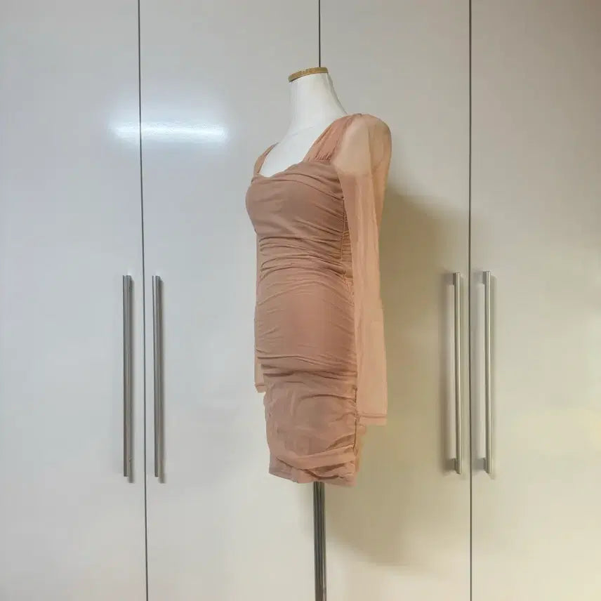 [BUNJANG] Sheer Shirring Mesh Mini Dress Beige / 시스루 셔링 망사 미니 원피스 베이지