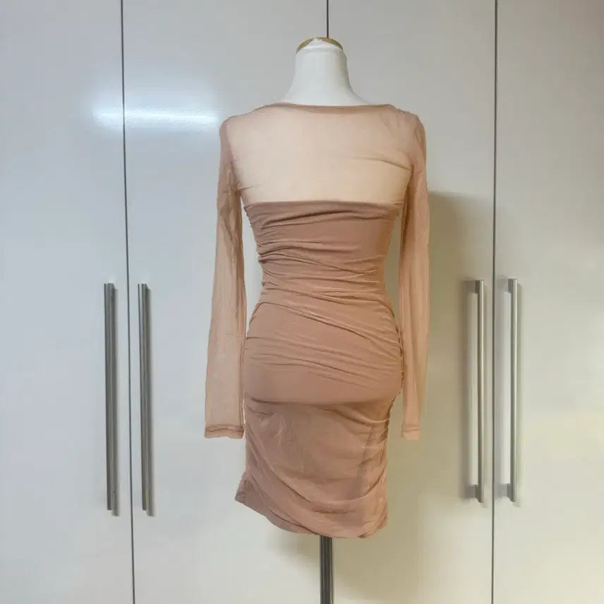 [BUNJANG] Sheer Shirring Mesh Mini Dress Beige / 시스루 셔링 망사 미니 원피스 베이지