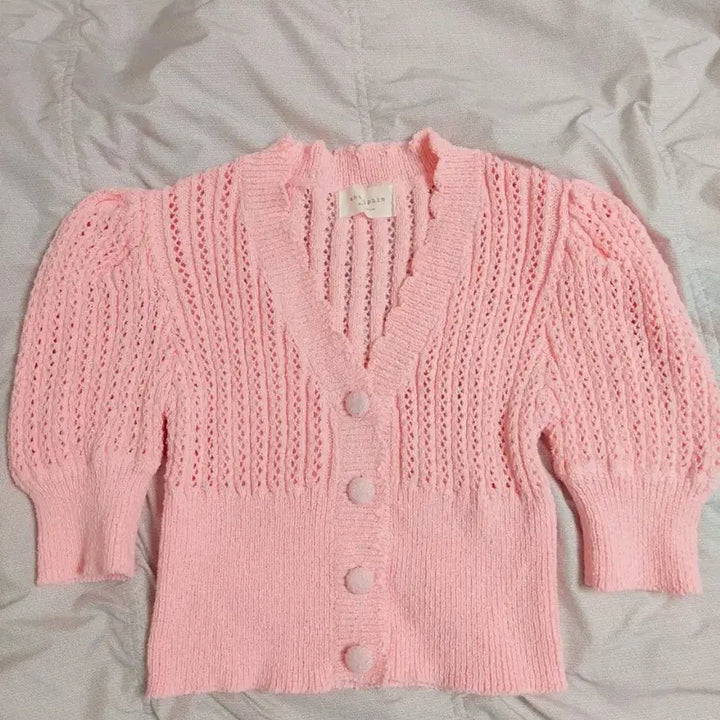 [BUNJANG] Pink Semi-Crop Cardigan Puff Sleeve Size S (44-55) / 핑크세미크롭가디건 퍼프소매 S사이즈 44~55