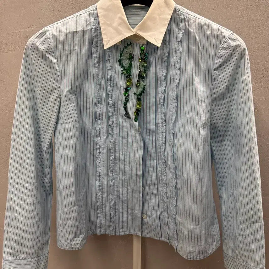 [BUNJANG] Prada Striped Ruffle Shirt Size 40 / 프라다 정품  프릴 스트라이프 셔츠 40사이즈