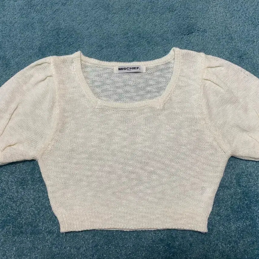 [BUNJANG] Mischief Cropped Short Sleeve Knit Ivory Cream / 미스치프 크롭 반팔 니트 아이보리 크림
