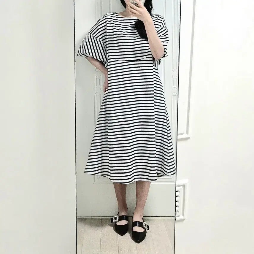 [BUNJANG] Striped Raglan Sleeve Balloon Long Dress / 스트라이프 나그랑 분또 소매벌룬 롱 원피스