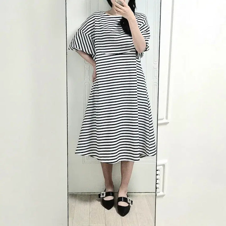 [BUNJANG] Striped Raglan Sleeve Balloon Long Dress / 스트라이프 나그랑 분또 소매벌룬 롱 원피스
