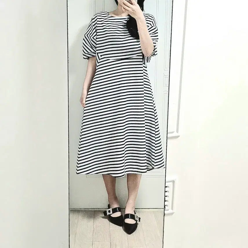 [BUNJANG] Striped Raglan Sleeve Balloon Long Dress / 스트라이프 나그랑 분또 소매벌룬 롱 원피스
