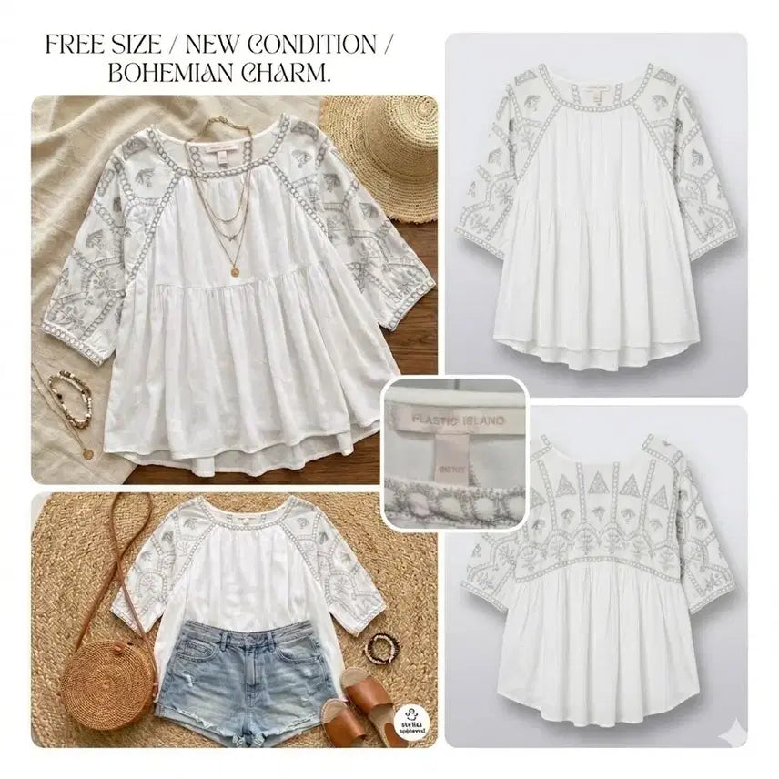[BUNJANG] Plastic Island Ethnic Embroidered Blouse (New, Unworn) / [미착용 새상품] 플라스틱 아일랜드 에스닉 자수 블라우스 (보관만 함)