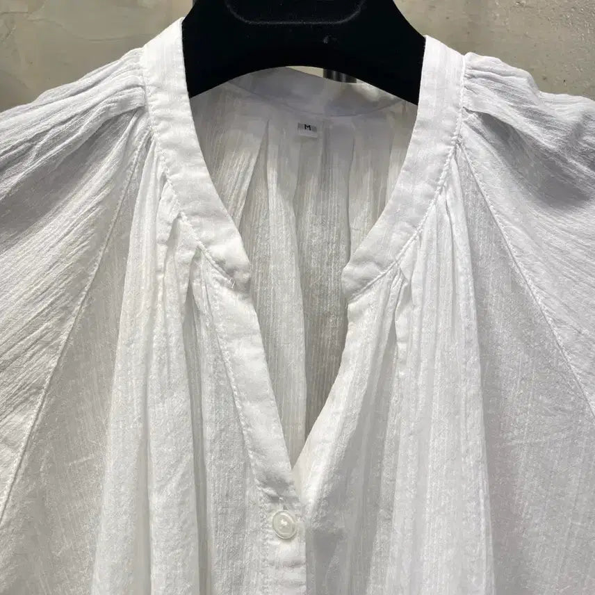 [BUNJANG] White See-Through Shirring Blouse (Size 55-66) / 화이트 시스루 셔링 주름 블라우스 55~66
