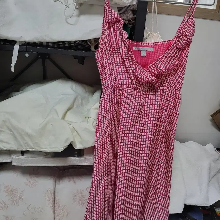 [BUNJANG] Old Navy Pink Check Camisole Midi Dress / 올드네이비 핑크 체크 끈나시 원피스