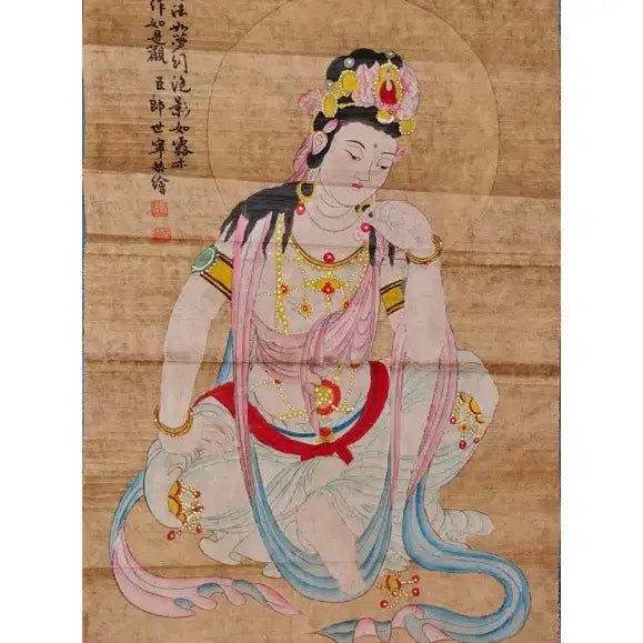[BUNJANG] Lang Shining Style Jin Gang Jing Gu Su Wol Gwan Eum Do Silk Mounted Painting / 지본채색 낭세녕필 금강경구 수월관음도 탱화 불화 불교 그림 고화 골동품