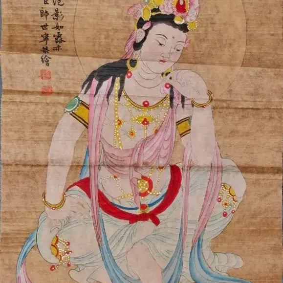 [BUNJANG] Lang Shining Style Jin Gang Jing Gu Su Wol Gwan Eum Do Silk Mounted Painting / 지본채색 낭세녕필 금강경구 수월관음도 탱화 불화 불교 그림 고화 골동품