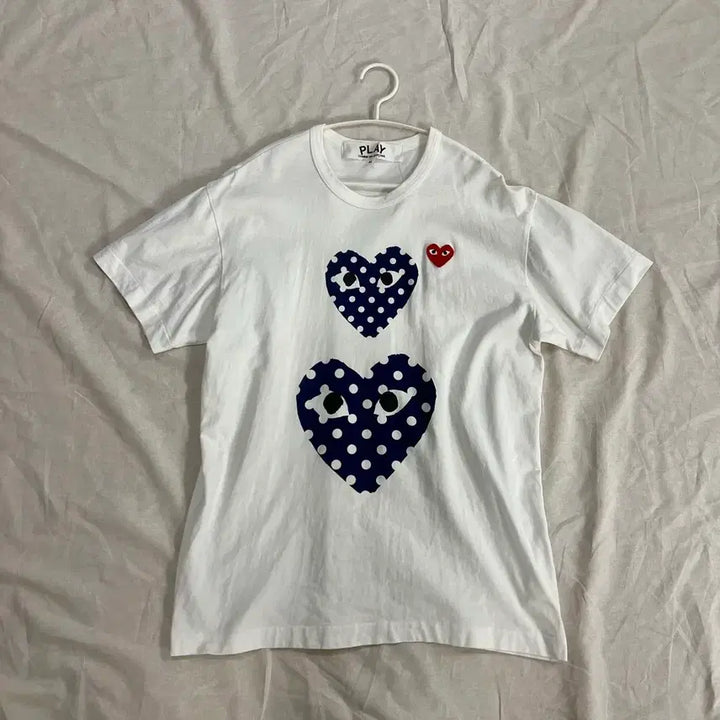 [BUNJANG] Comme des Garçons Play Polka Dot Double Heart T-shirt XL / 꼼데가르송 정품 폴카 닷 네이비 더블하트 반팔 XL