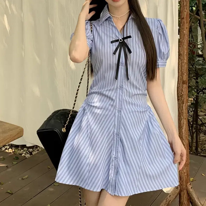 [BUNJANG] Striped Ribbon Short Sleeve Shirt Dress / 스트라이프 리본 반팔 셔츠 원피스
