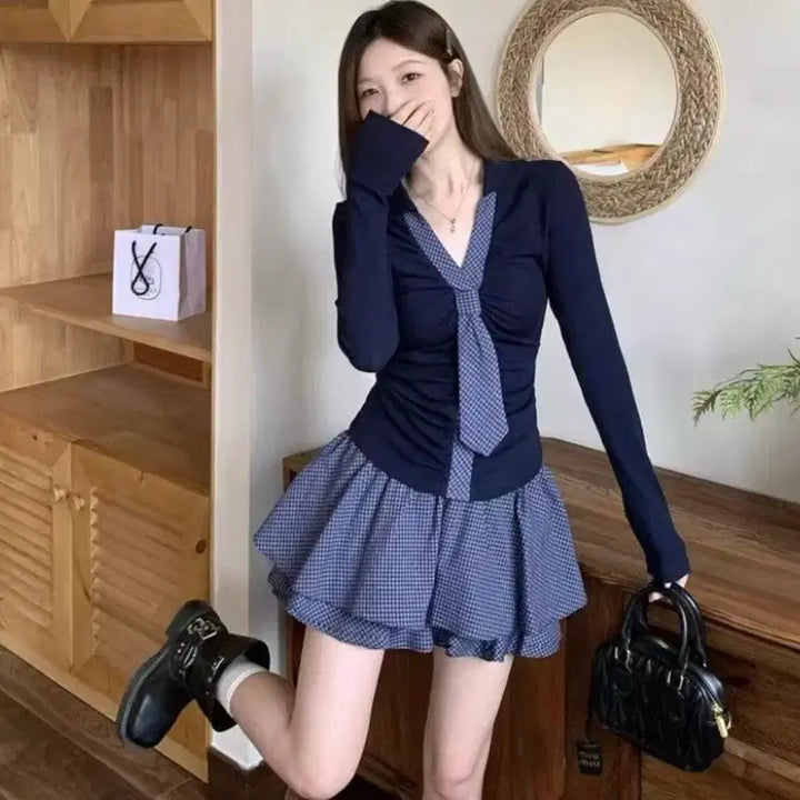 [BUNJANG] Checkered Flare Skirt Set / 체크 플레어스커트 세트