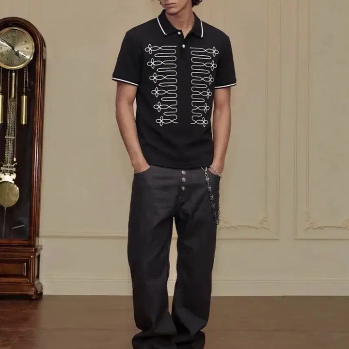 [BUNJANG] Black Napoleon Collar Embroidered Short Sleeve T-Shirt / 나폴레옹 카라 자수 반팔티