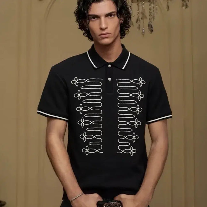 [BUNJANG] Black Napoleon Collar Embroidered Short Sleeve T-Shirt / 나폴레옹 카라 자수 반팔티