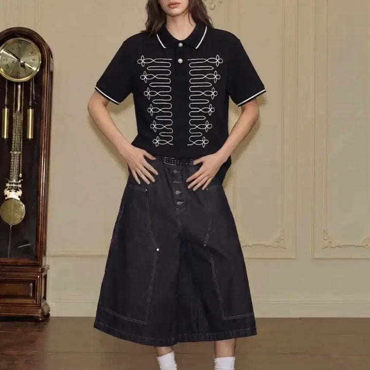 [BUNJANG] Black Napoleon Collar Embroidered Short Sleeve T-Shirt / 나폴레옹 카라 자수 반팔티