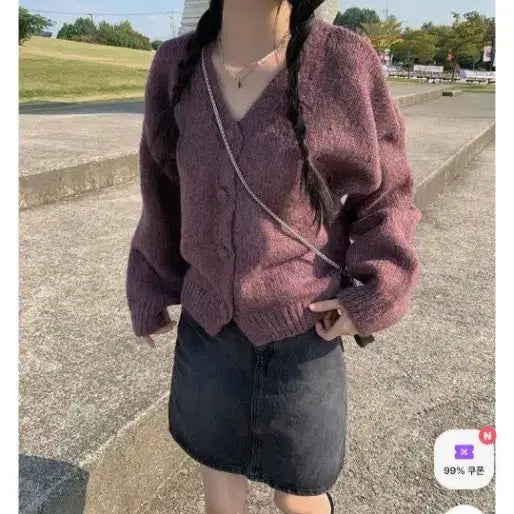[BUNJANG] Hera Vintage V-Neck Cardigan (Violet) / 헤라 빈티지 브이넥 가디건 (바이올렛)
