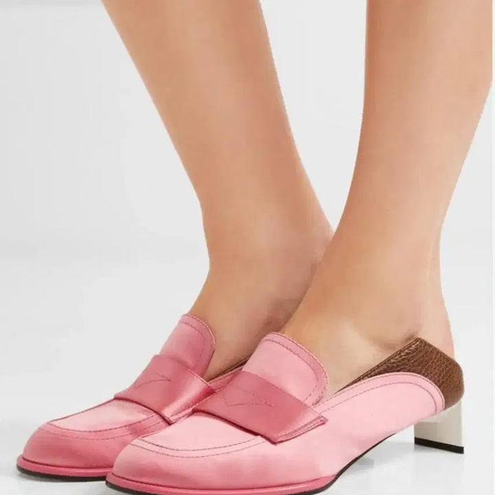 [BUNJANG] Loewe Champagne Pink Satin Twisted Heel Loafers / (정품) LOEWE 로에베 샴페인 핑크 새틴 로퍼 힐 / 트위스트 힐