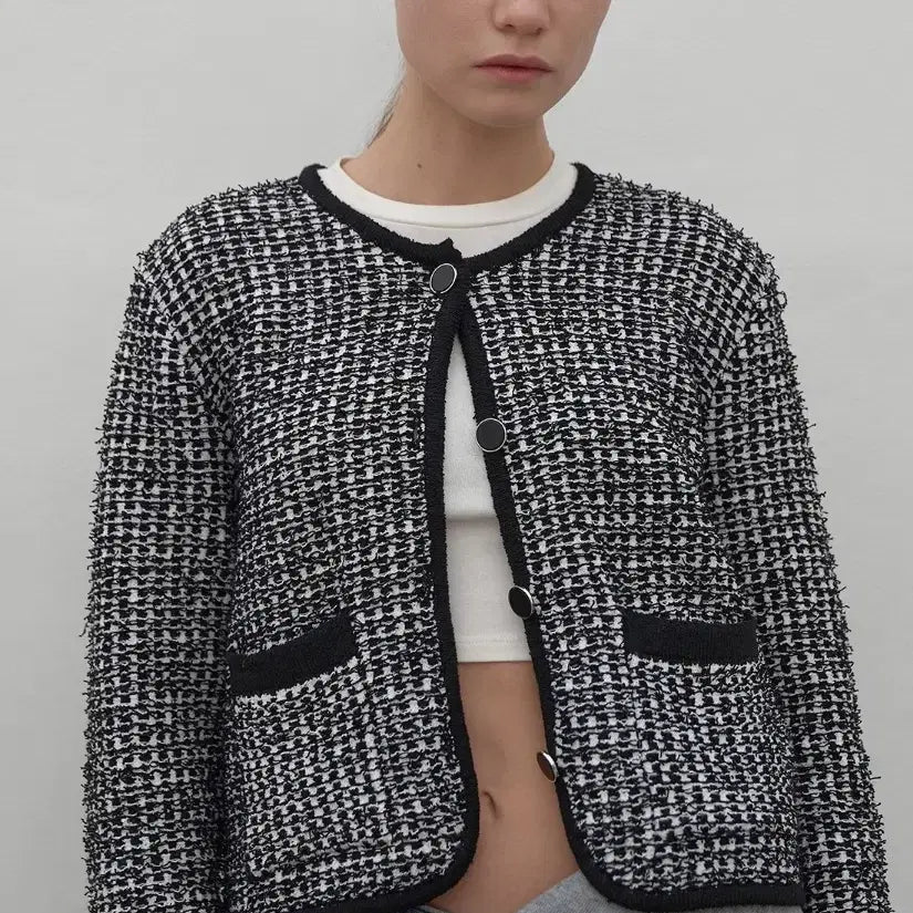 [BUNJANG] NAIN Color-Blocked Tweed Cardigan (Black, Free Size) / [새상품급] 나인(NAIN) 배색 트위드 가디건 (블랙/FREE)