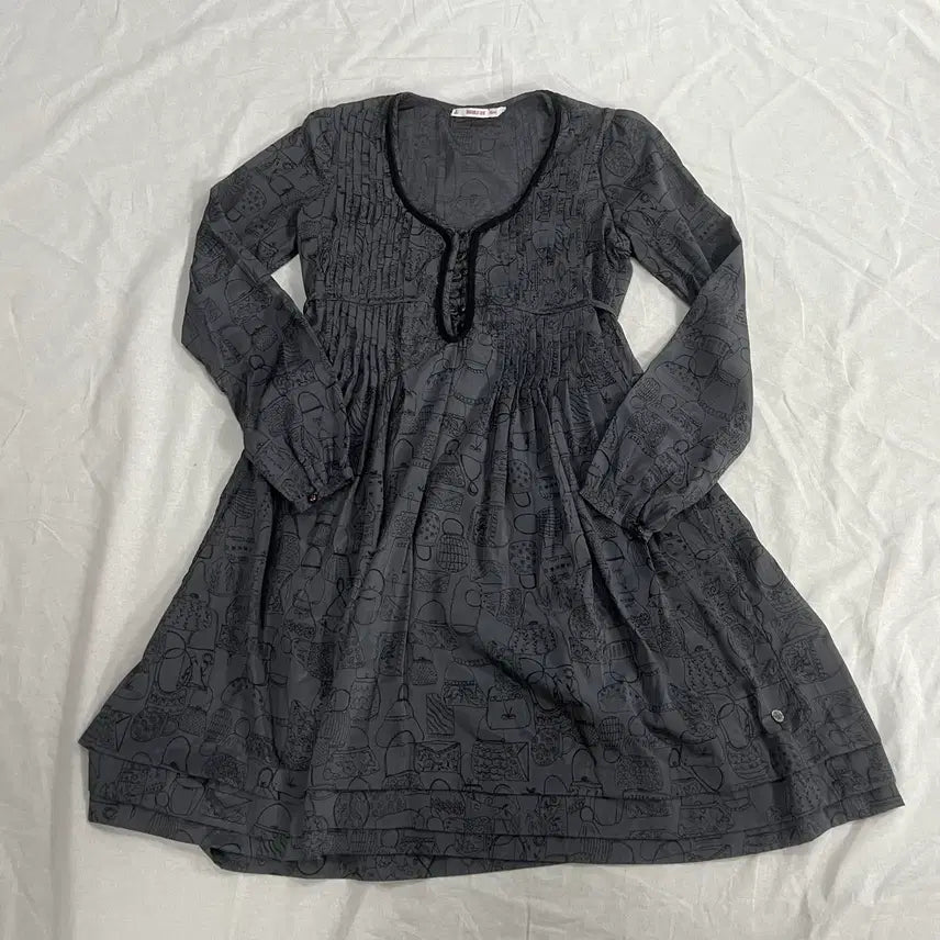[BUNJANG] Vintage Mori Girl Pattern Long Dress - Gray / 빈티지 모리걸 패턴 롱 원피스 그레이