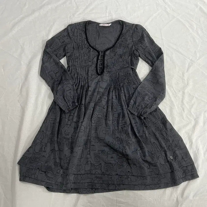 [BUNJANG] Vintage Mori Girl Pattern Long Dress - Gray / 빈티지 모리걸 패턴 롱 원피스 그레이