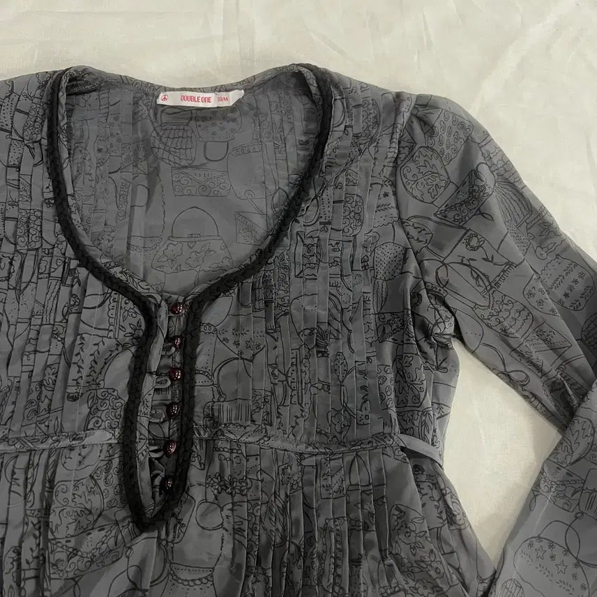[BUNJANG] Vintage Mori Girl Pattern Long Dress - Gray / 빈티지 모리걸 패턴 롱 원피스 그레이