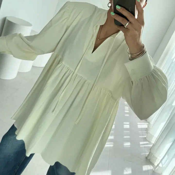 [BUNJANG] Ivory Puff Sleeve Long Blouse / 아이보리 퍼프슬리브 롱 블라우스