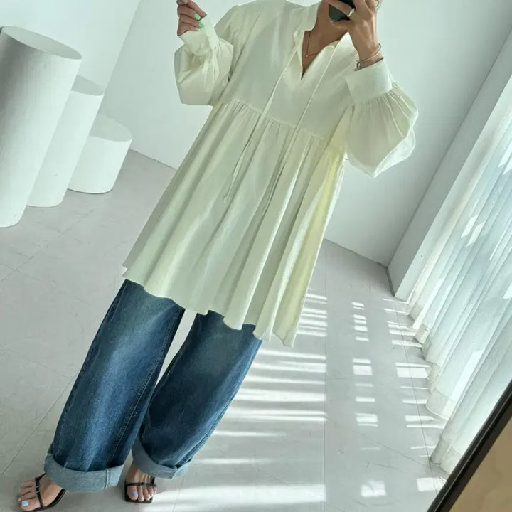 [BUNJANG] Ivory Puff Sleeve Long Blouse / 아이보리 퍼프슬리브 롱 블라우스