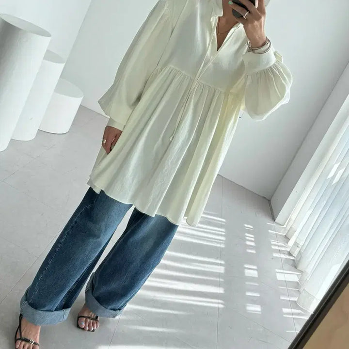 [BUNJANG] Ivory Puff Sleeve Long Blouse / 아이보리 퍼프슬리브 롱 블라우스