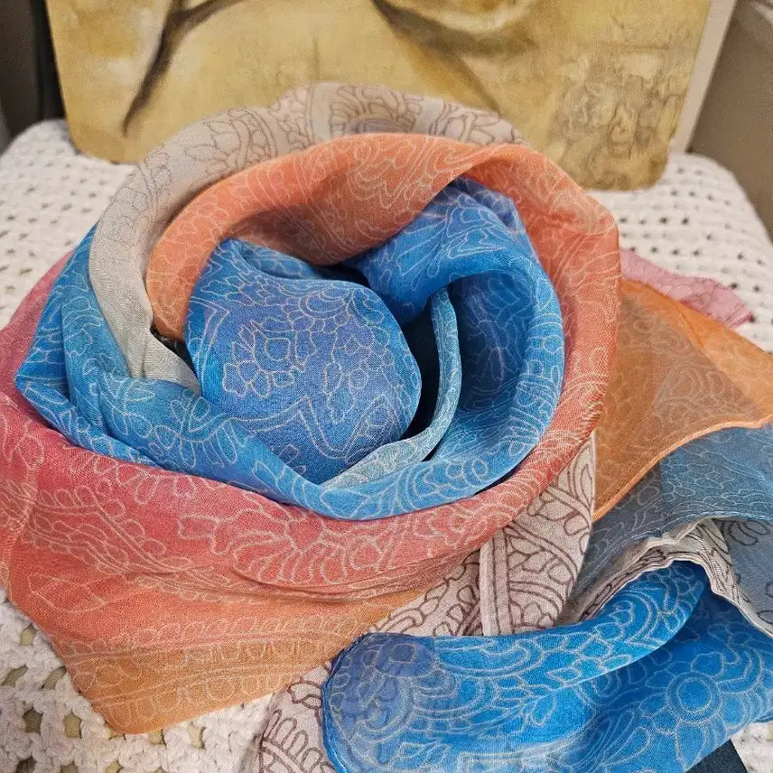[BUNJANG] Perielice Pattern Silk Chiffon Scarf Blue/Orange / 페리엘리스 패턴 실크쉬폰 스카프 블루/오렌지