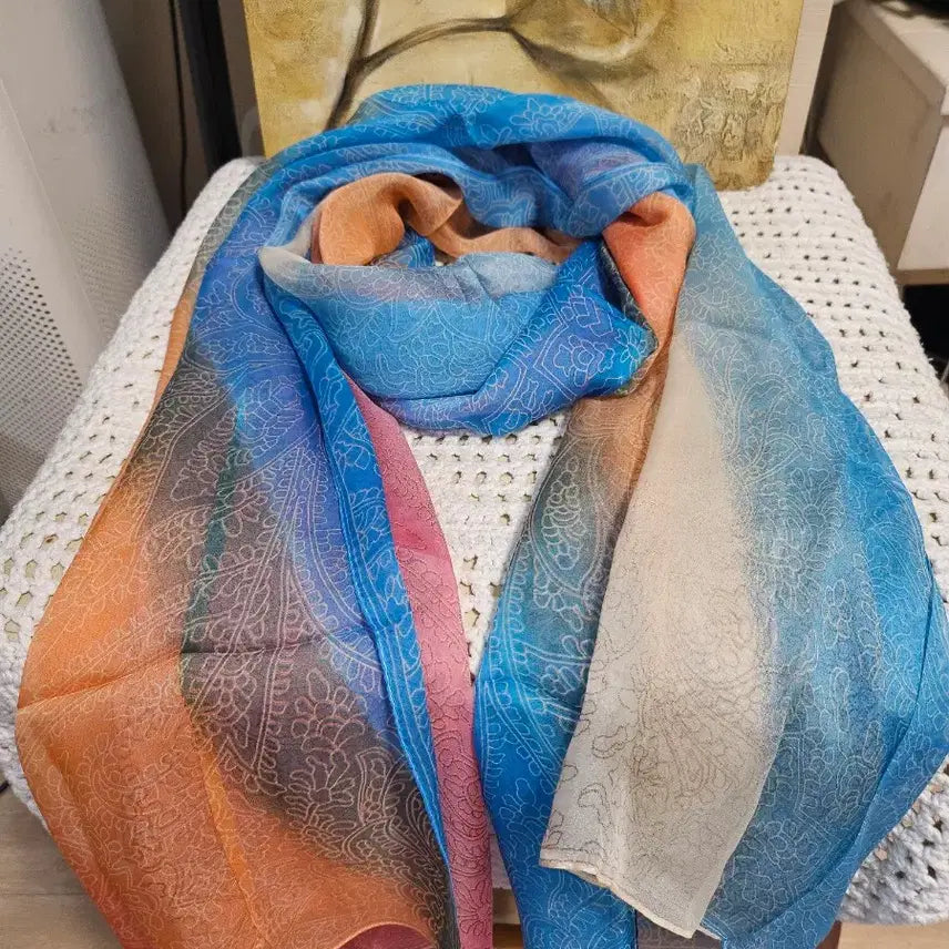 [BUNJANG] Perielice Pattern Silk Chiffon Scarf Blue/Orange / 페리엘리스 패턴 실크쉬폰 스카프 블루/오렌지