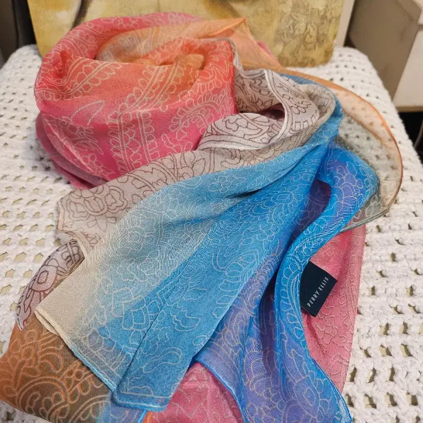 [BUNJANG] Perielice Pattern Silk Chiffon Scarf Blue/Orange / 페리엘리스 패턴 실크쉬폰 스카프 블루/오렌지