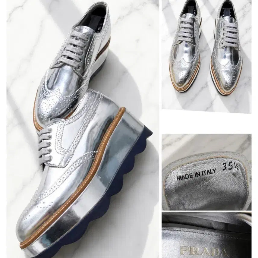 [BUNJANG] PRADA Metallic Silver Platform Oxford Shoes (Size 35.5, 6cm Heel) / (정품) PRADA 메탈릭 실버 플랫폼 옥스포드 35.5 (굽 6cm)