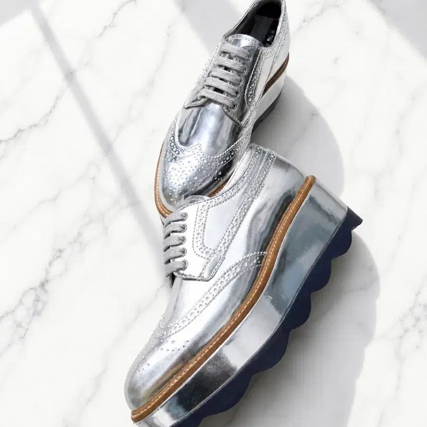 [BUNJANG] PRADA Metallic Silver Platform Oxford Shoes (Size 35.5, 6cm Heel) / (정품) PRADA 메탈릭 실버 플랫폼 옥스포드 35.5 (굽 6cm)