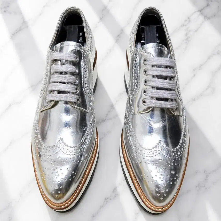 [BUNJANG] PRADA Metallic Silver Platform Oxford Shoes (Size 35.5, 6cm Heel) / (정품) PRADA 메탈릭 실버 플랫폼 옥스포드 35.5 (굽 6cm)